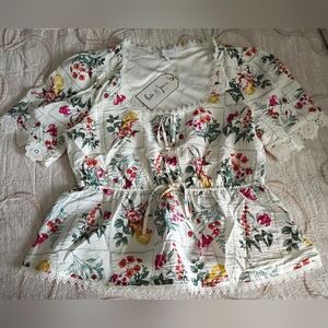 Love Tree White Floral Peplum Tie-Front Top